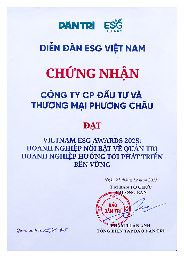Chứng nhận Doanh nghiệp nổi bật về quản trị doanh nghiệp hướng đến phát triển bền vững