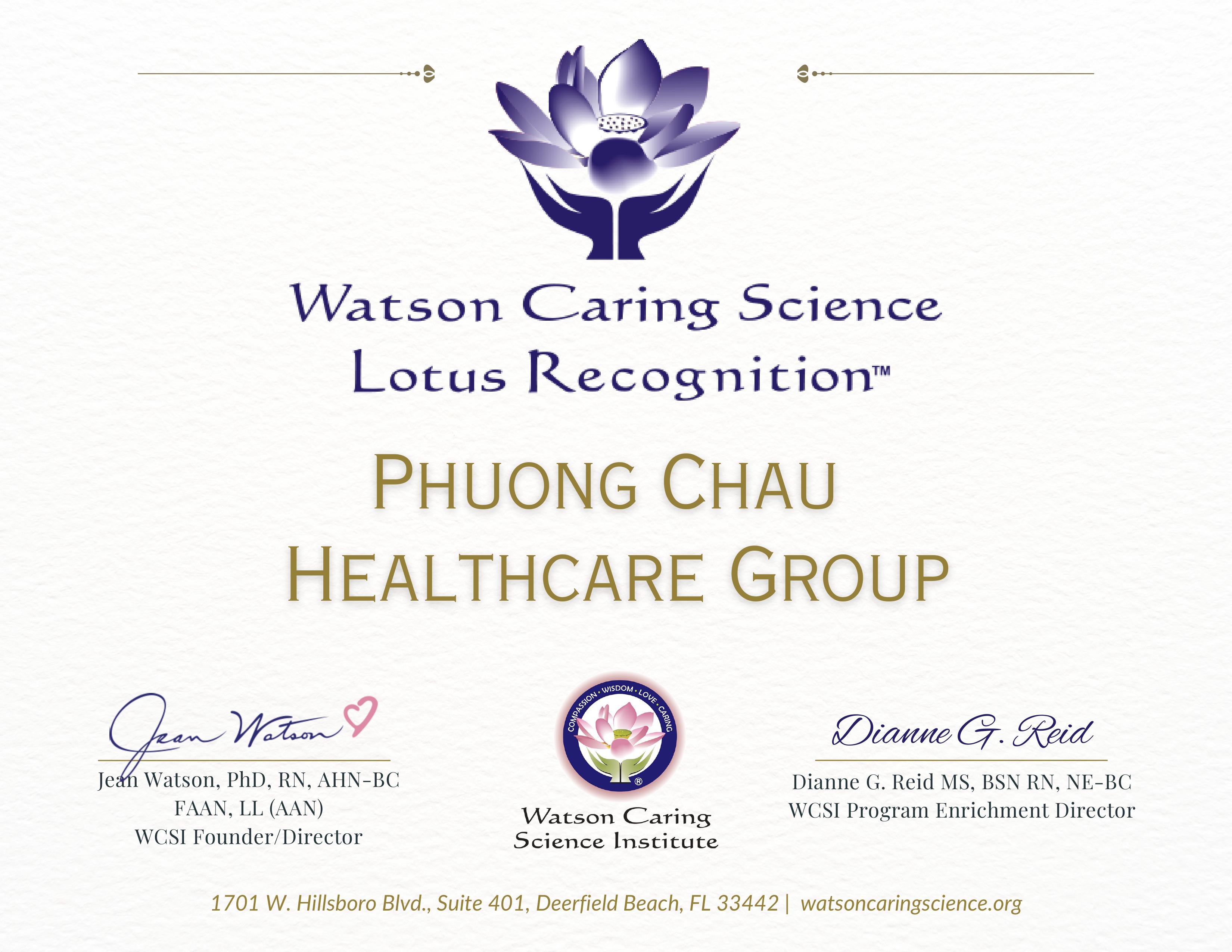 Chứng Nhận Quốc Tế Lotus Của Watson Caring Science Institute, USA