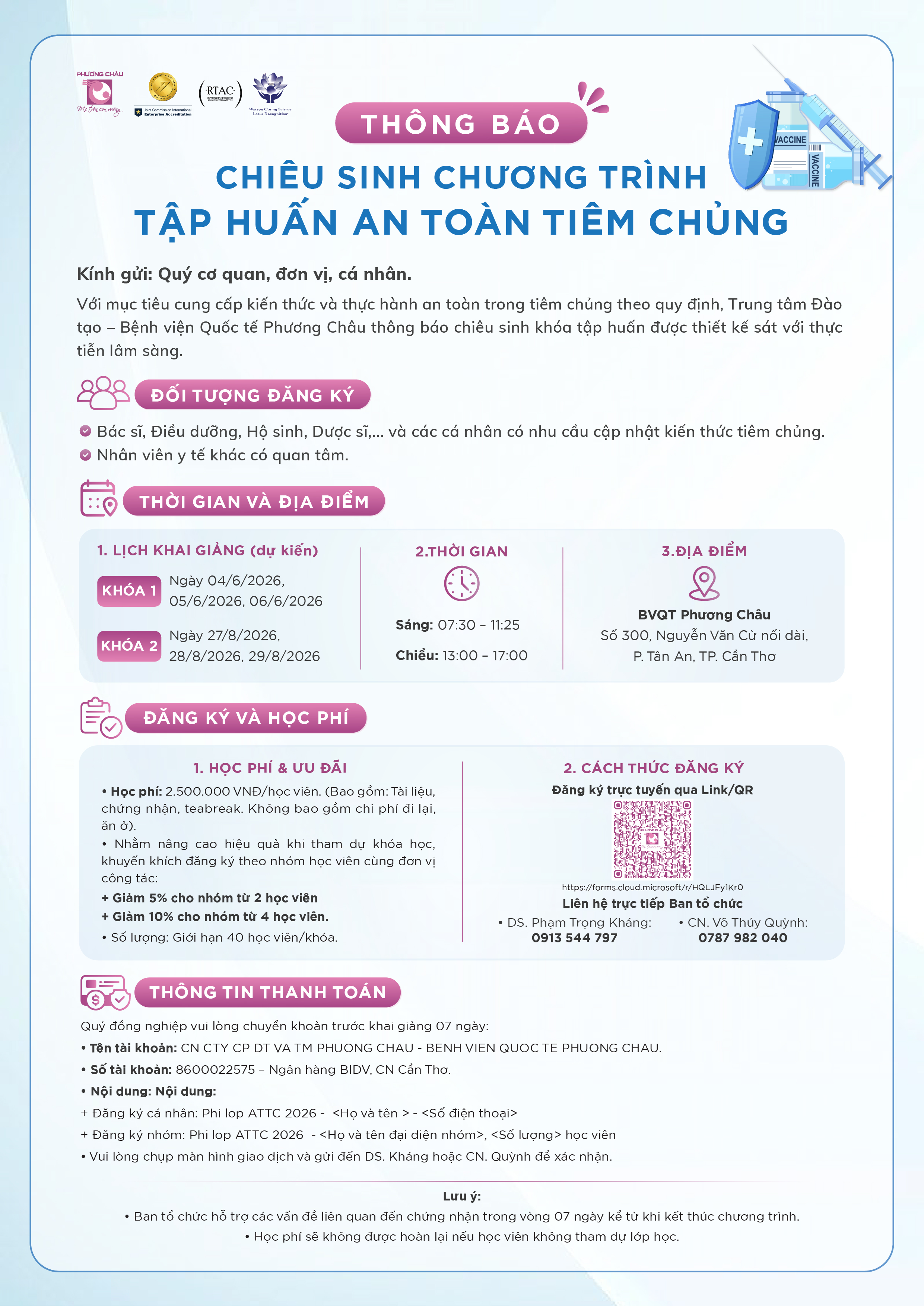 Thông Báo Chiêu Sinh – Tập Huấn An Toàn Tiêm Chủng