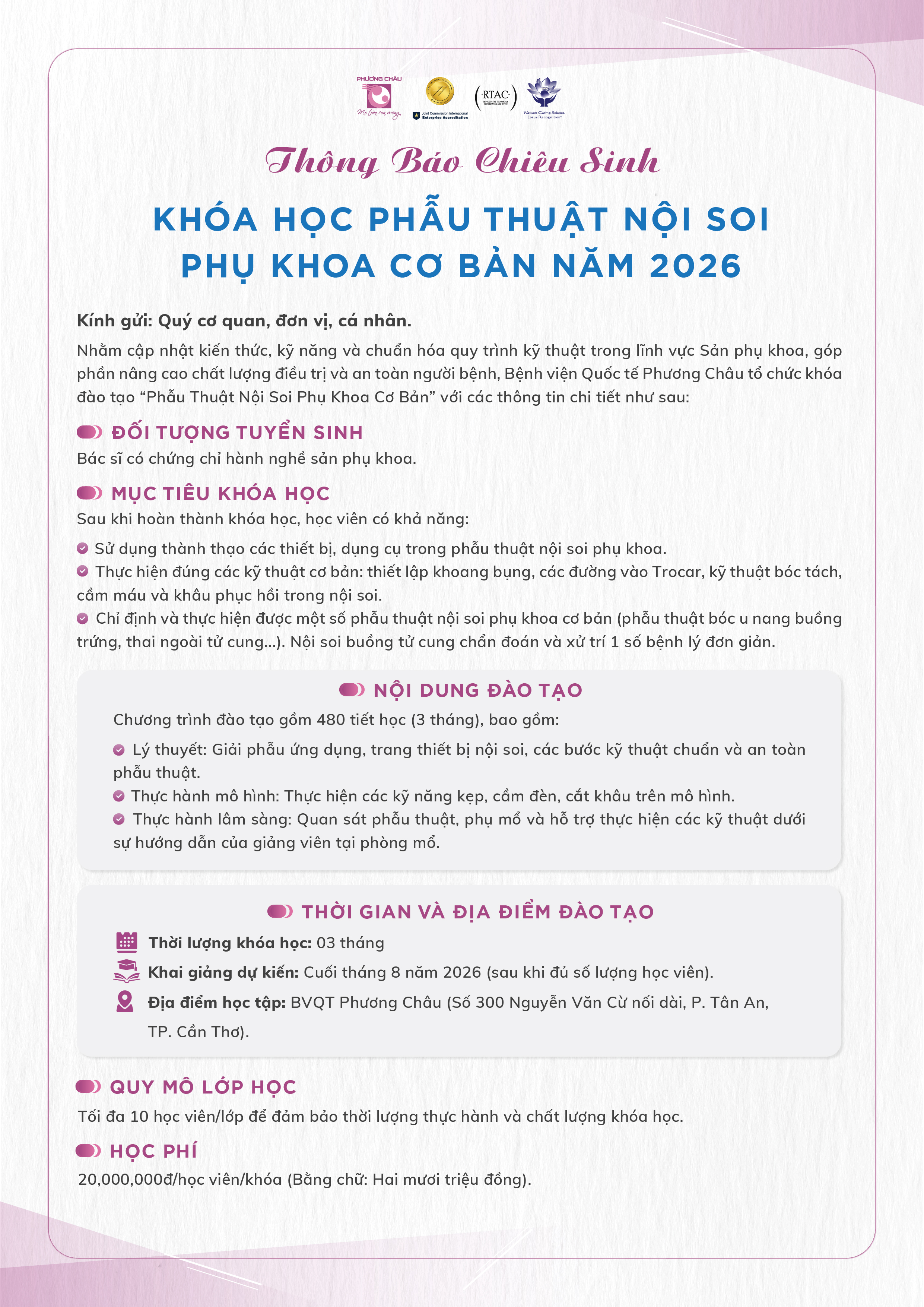Thông Báo Chiêu Sinh Khóa Học Phẫu Thuật Nội Soi Phụ Khoa Cơ Bản Năm 2026