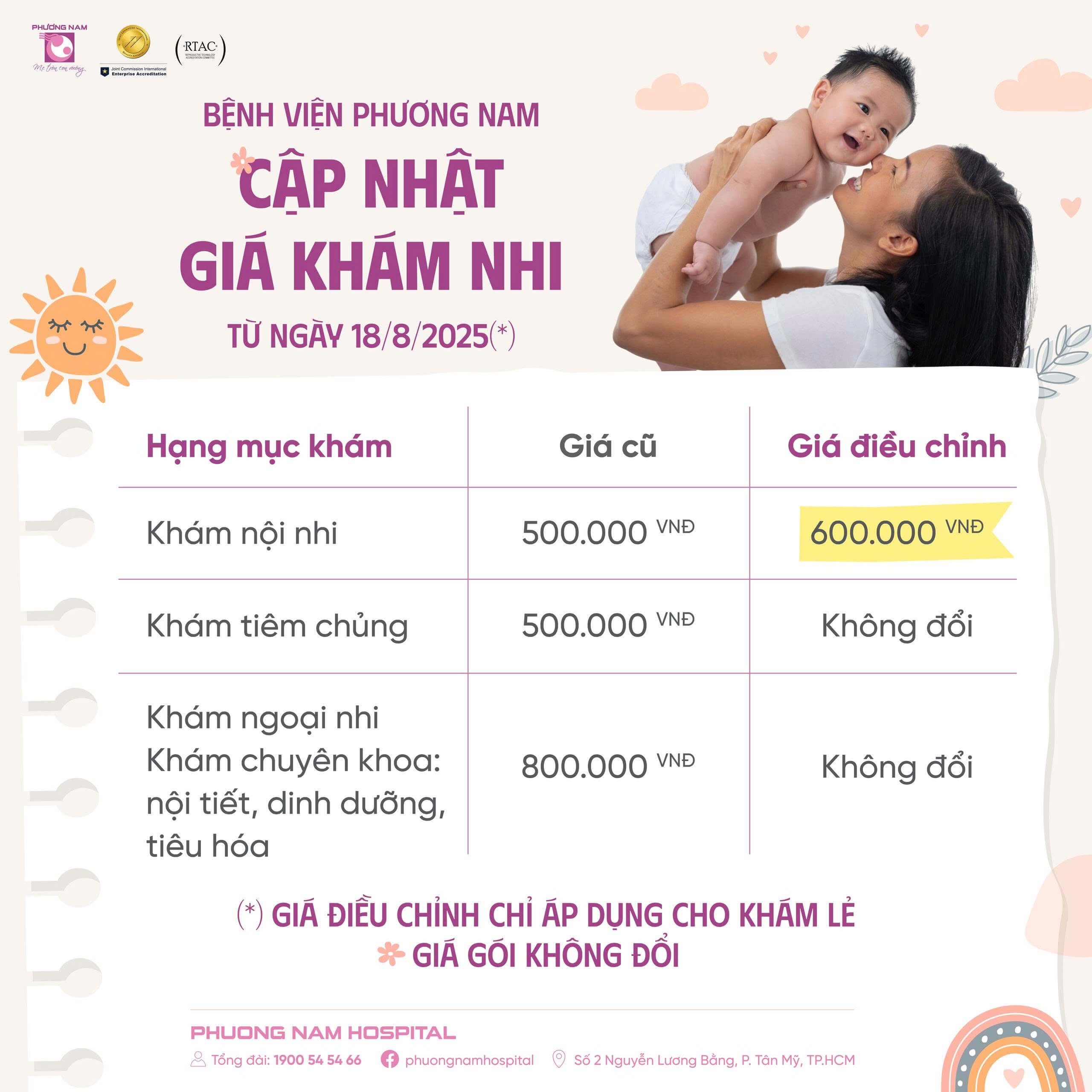 Thông báo về việc cập nhật phí dịch vụ khám nhi từ ngày 18/08