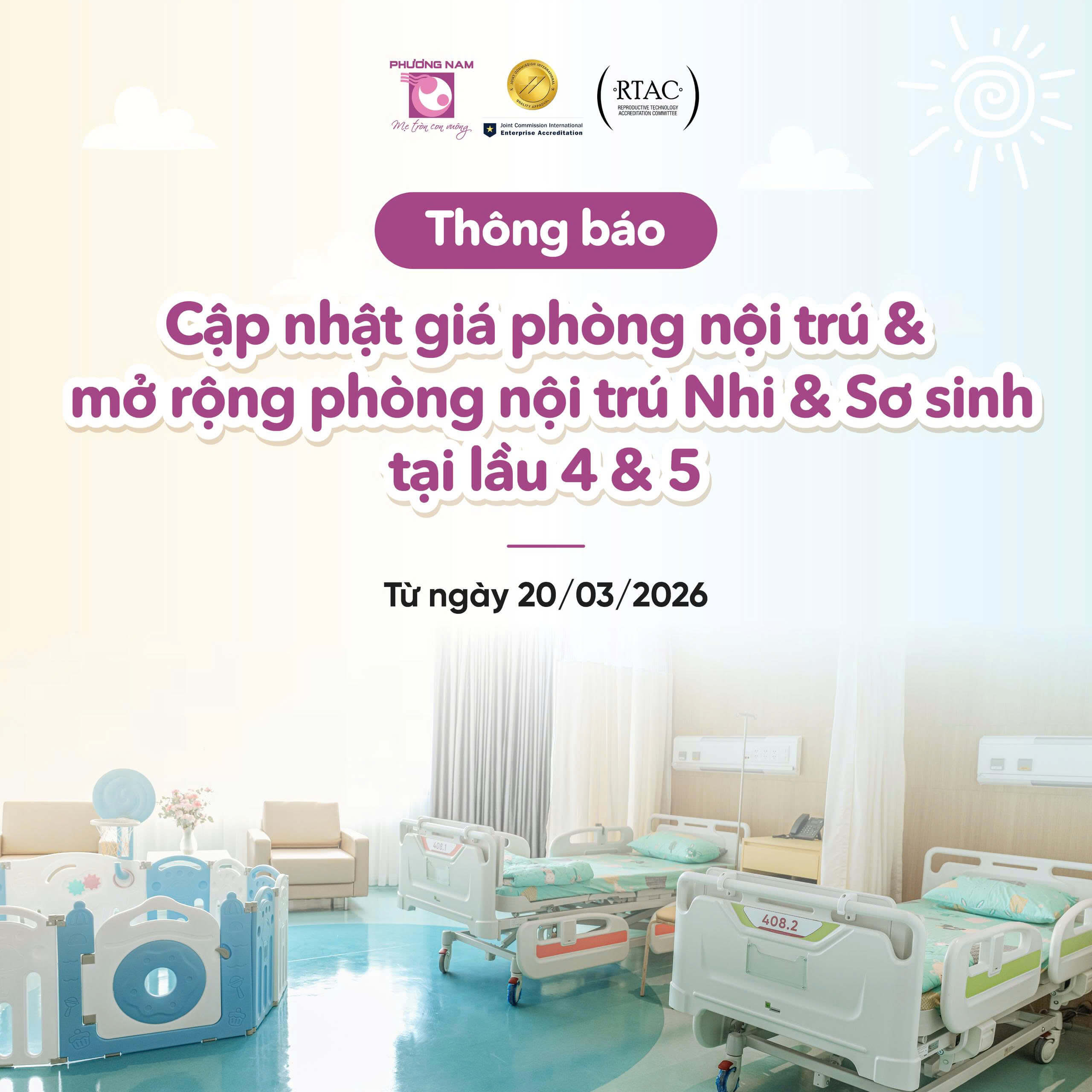 Thông báo về việc cập nhật phí dịch vụ nội trú nhi từ ngày 20/03/2026