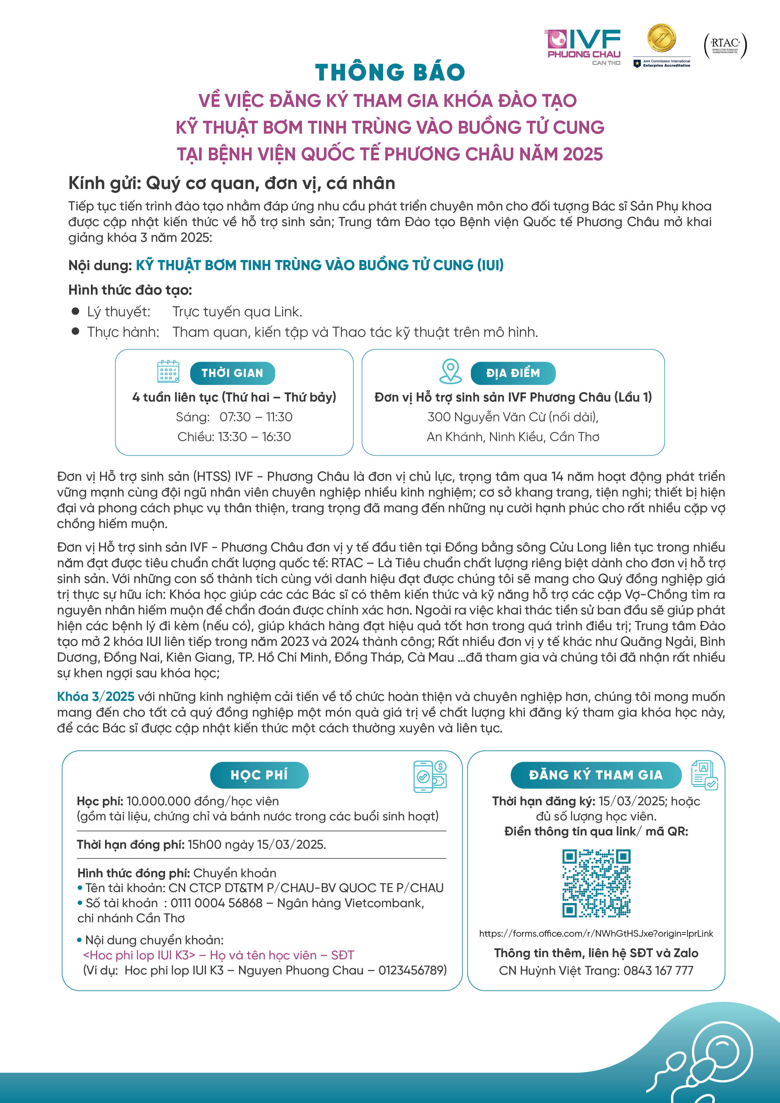 Thông Báo Đăng Ký Tham Gia Khóa Đào Tạo “Kỹ Thuật Bơm Tinh Trùng Vào Buồng Tử Cung”