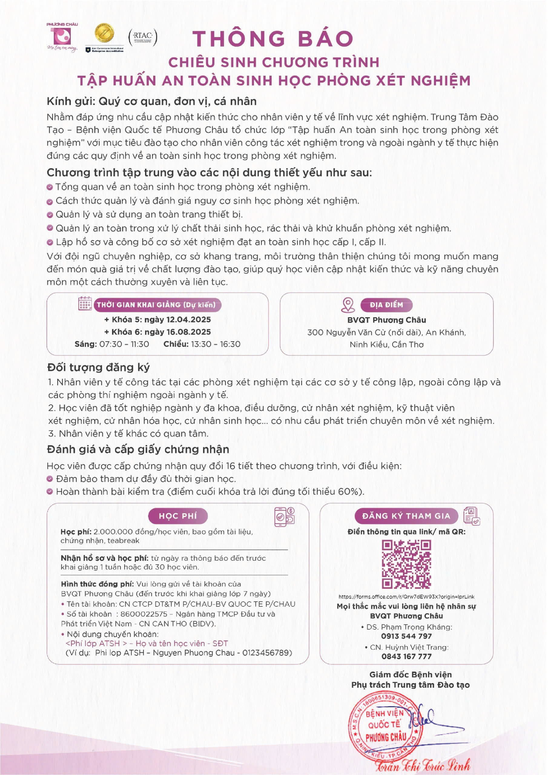 Thông Báo Chiêu Sinh – Tập Huấn An Toàn Sinh Học Trong Phòng Xét Nghiệm