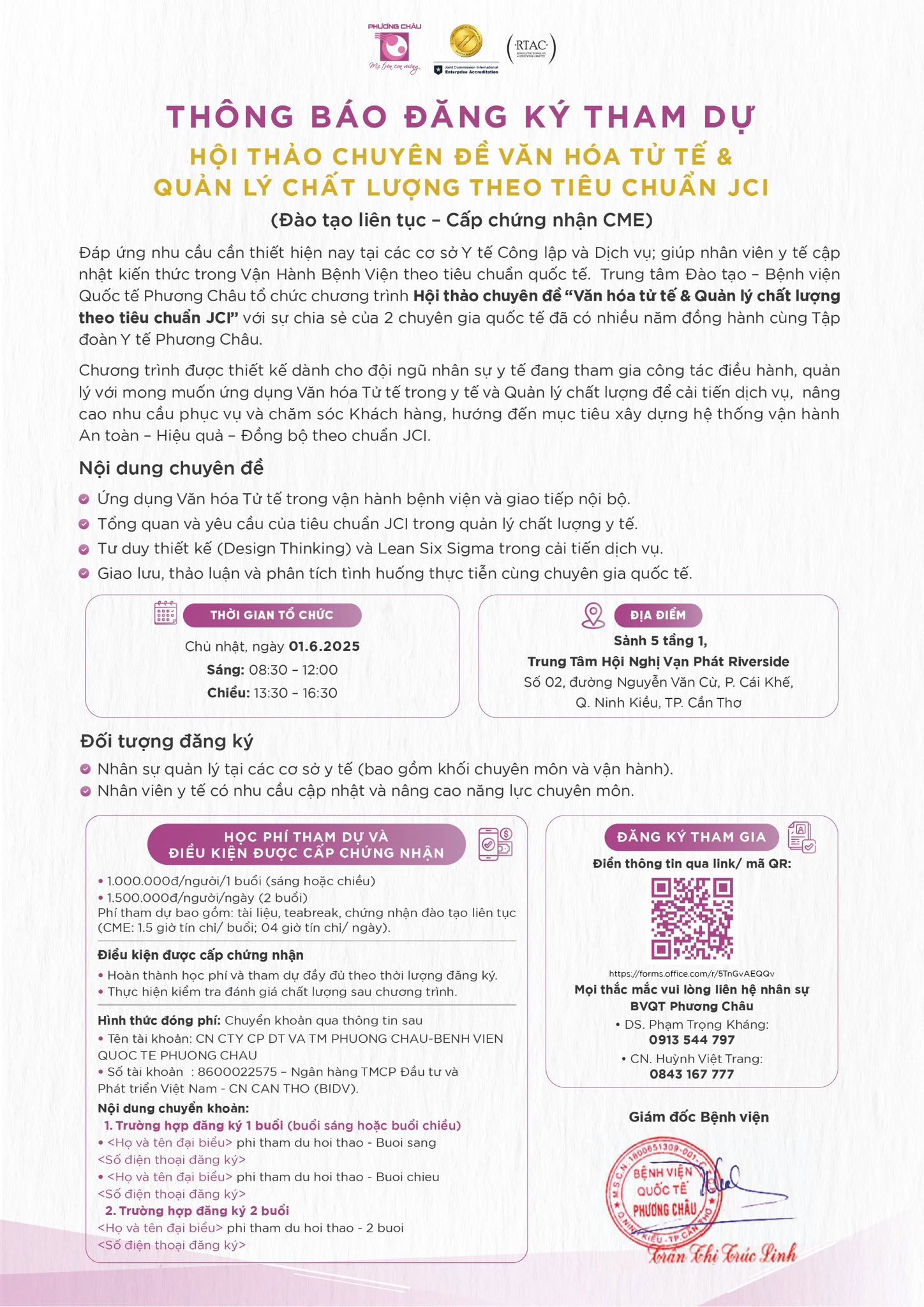 THÔNG BÁO CHIÊU SINH  HỘI THẢO CHUYÊN ĐỀ VĂN HÓA TỬ TẾ & QUẢN LÝ CHẤT LƯỢNG THEO TIÊU CHUẨN JCI