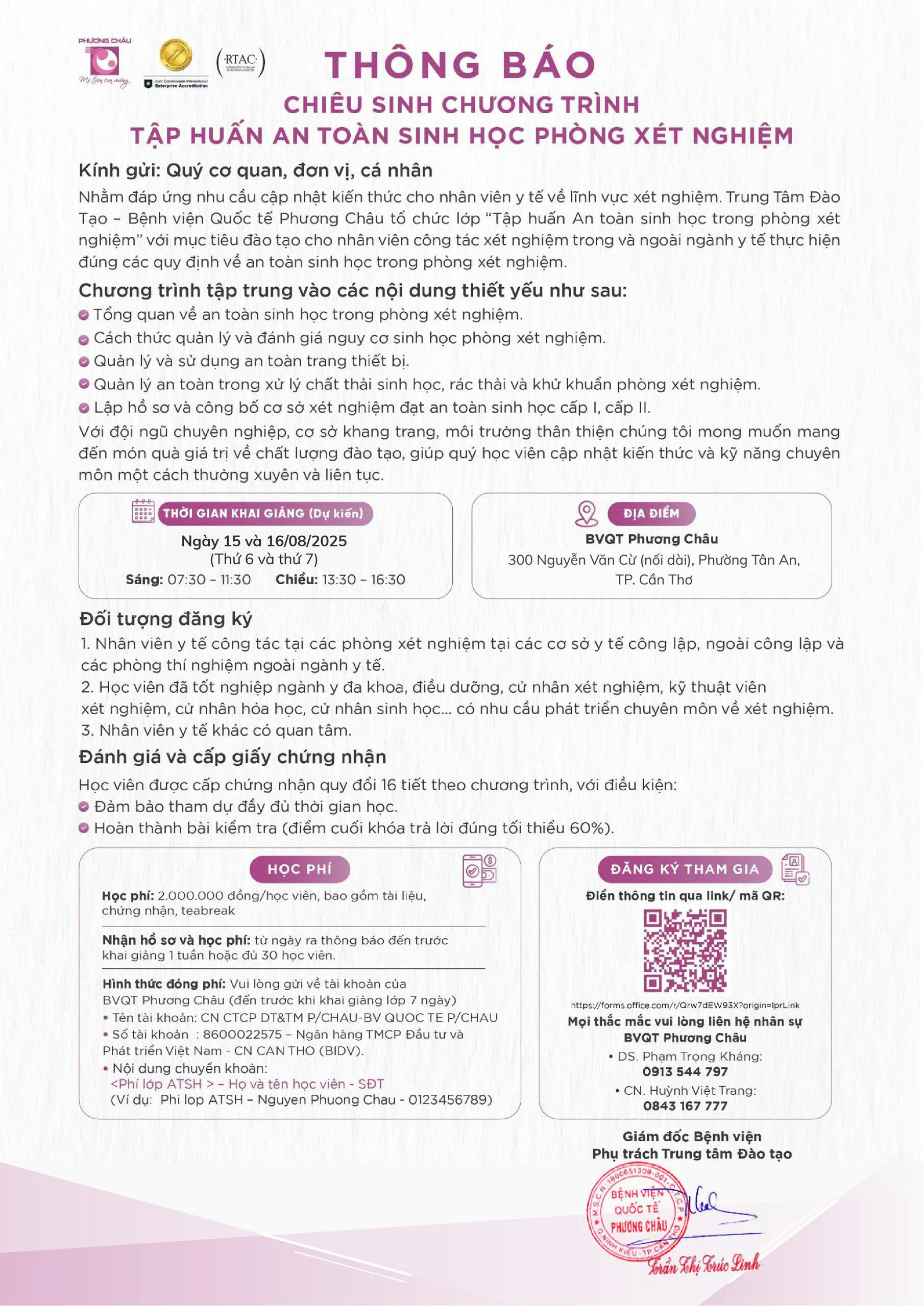 Thông Báo Chiêu Sinh – Tập Huấn An Toàn Sinh Học Trong Phòng Xét Nghiệm Tháng 08/2025