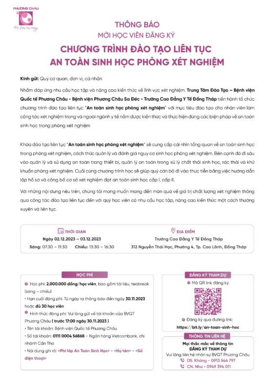 Thông Báo Mời Học Viên Đăng Ký Chương Trình Đào Tạo Liên Tục “An Toàn Sinh Học Phòng Xét Nghiệm”