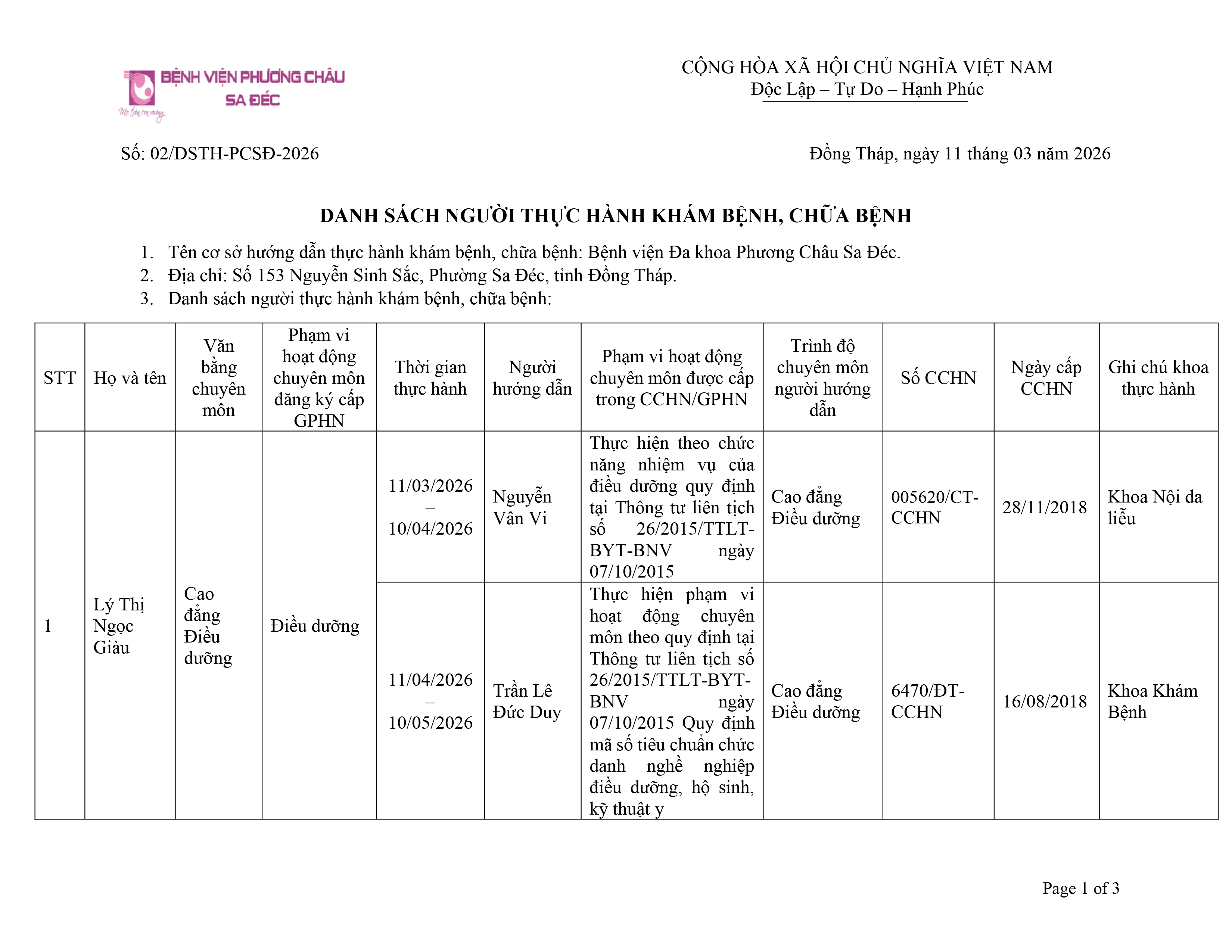 DANH SÁCH NGƯỜI THỰC HÀNH KHÁM BỆNH, CHỮA BỆNH 11.03.2026
